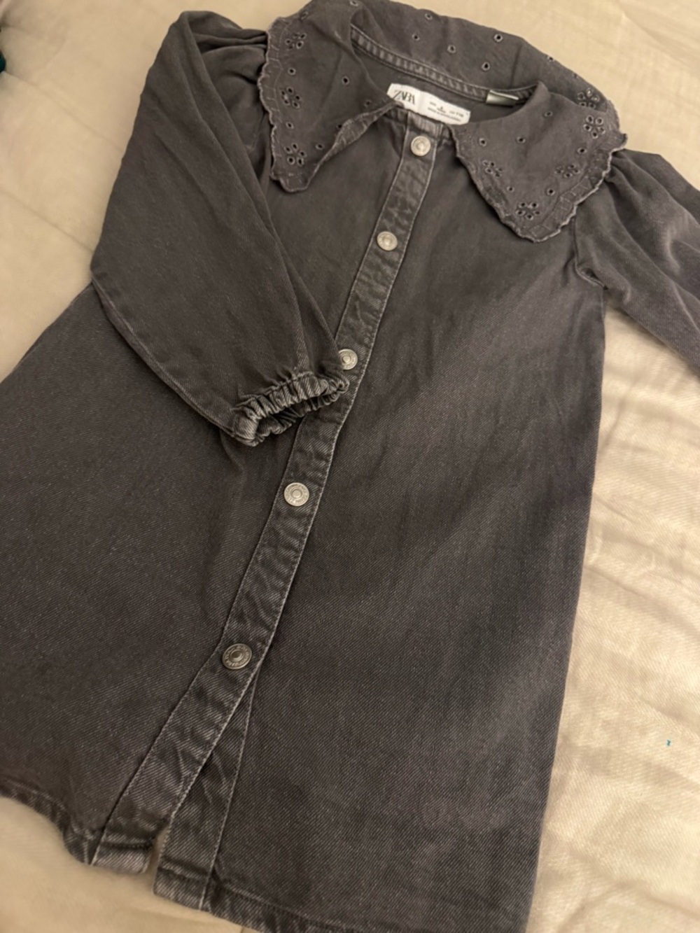 Zara Charcoal Gray Eyelet-Collar Button-Front Dress